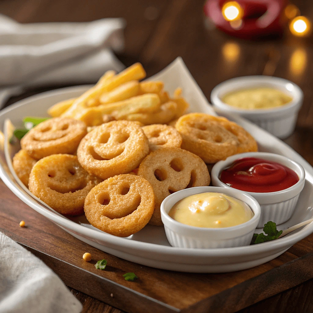 Smiley face fries served with dipping sauces on a plate