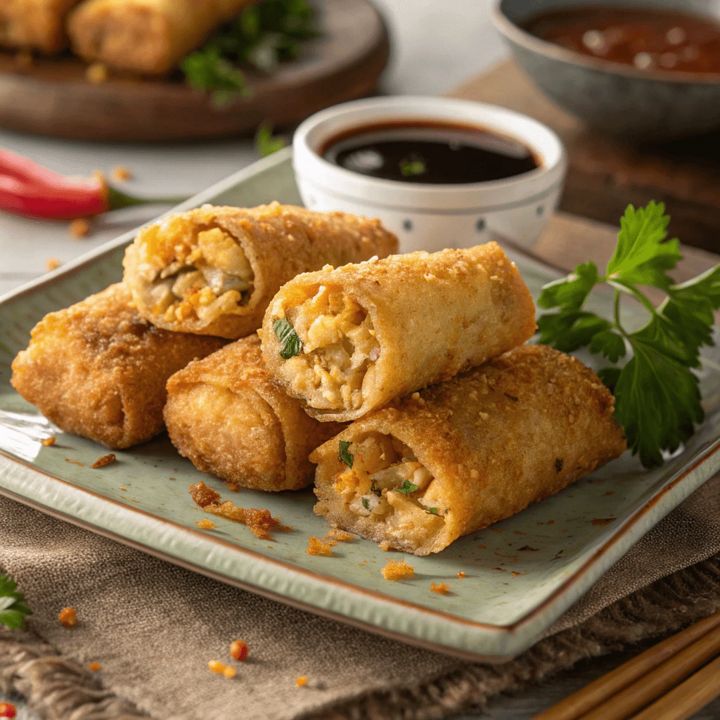 A plate of freshly fried egg roll wrapper goat cheese jalapeno bites