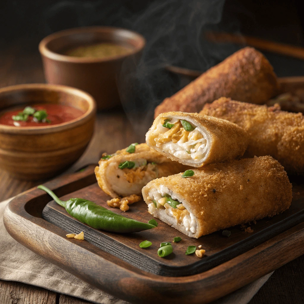 Close-up of egg rolls filled with goat cheese and spicy jalapenos