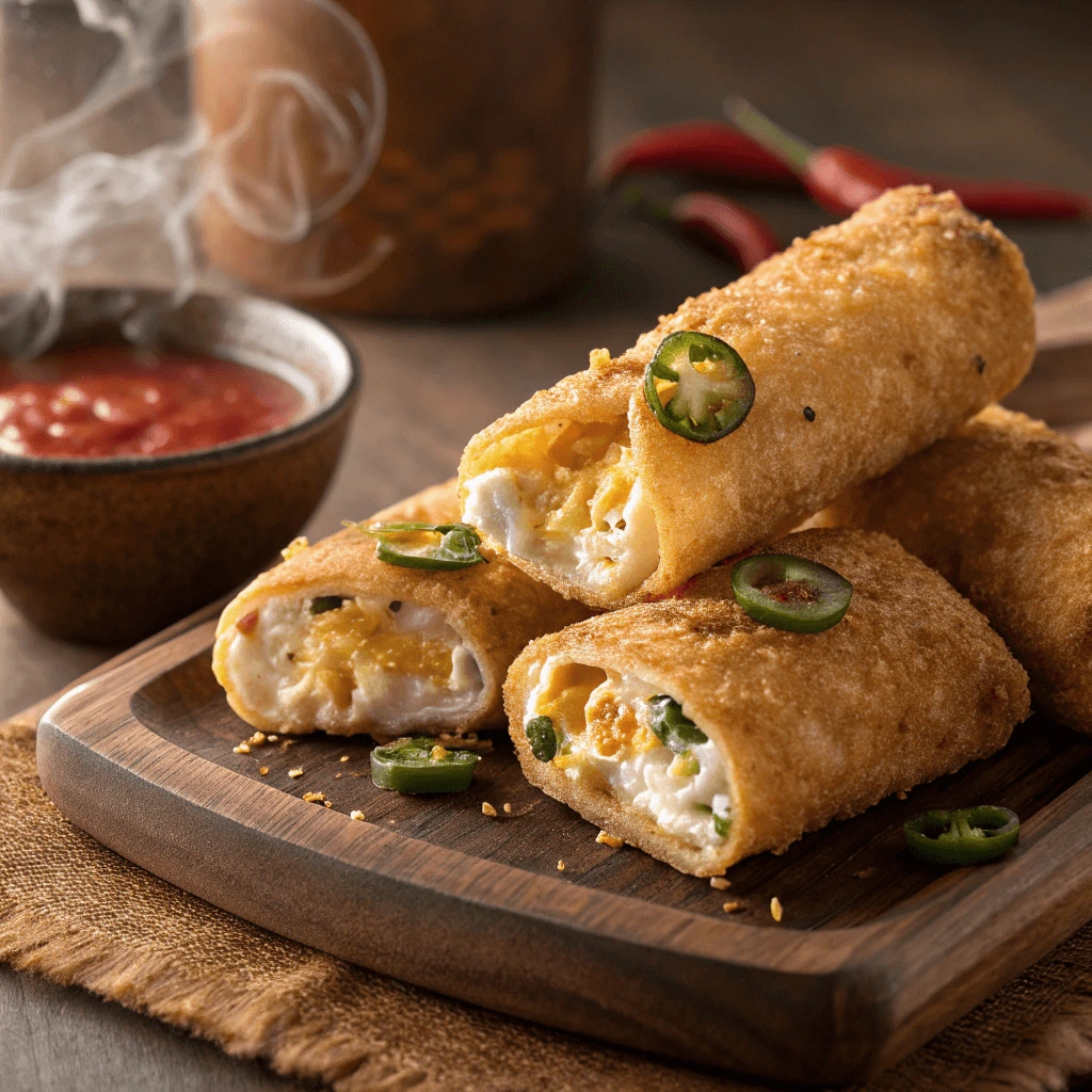 Spicy crispy egg rolls filled with goat cheese and jalapenos