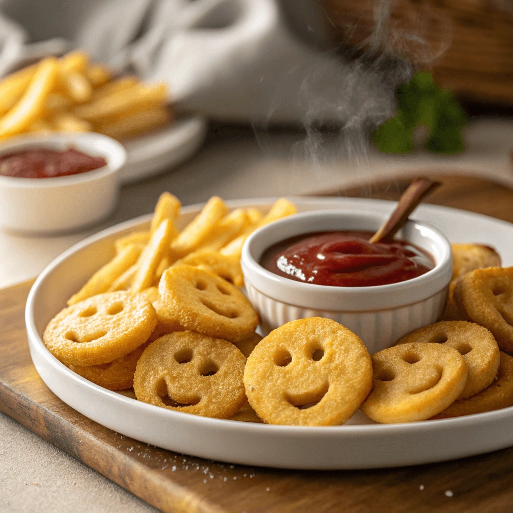 Smiley Face Fries dipped in ketchup