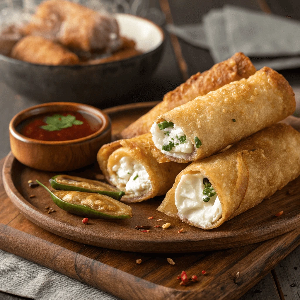  Crispy goat cheese and jalapeno egg rolls on a plate