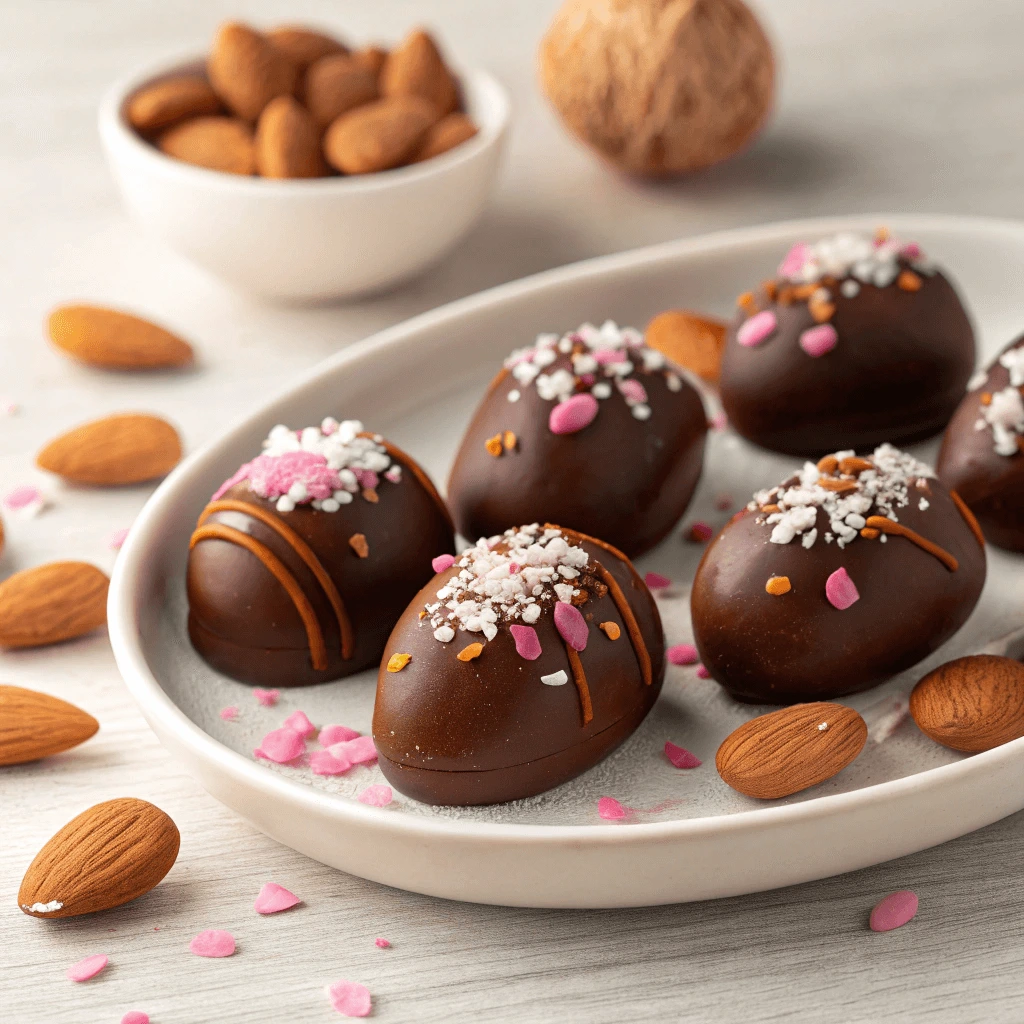 A variety of chocolate-covered almonds with toppings like sea salt and sprinkles