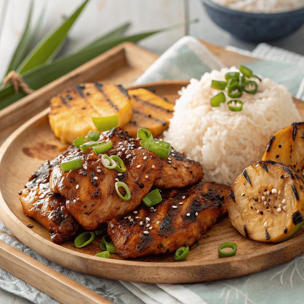 A beautifully plated Yummy  Buli Huli Chicken with fresh garnishes and sides