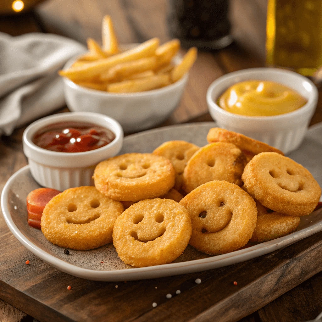 Crispy Smiley Face Fries served with a variety of dipping sauces