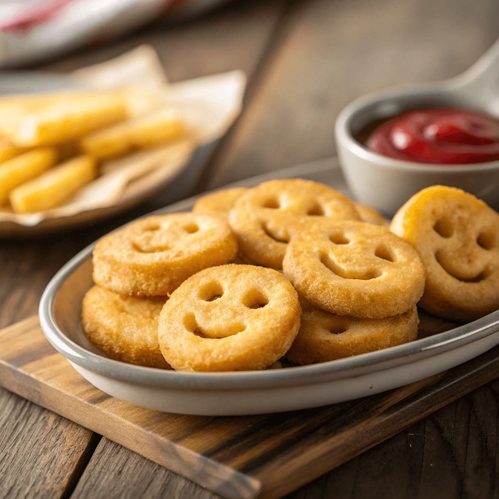 Golden, crispy homemade smiley face fries ready to serve.