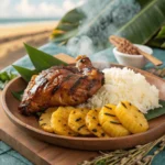 Grilled Yummy Buli Huli Chicken on a serving plate with colorful sides