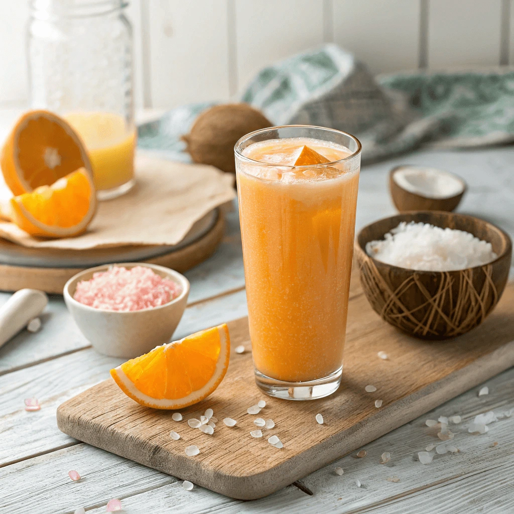 Ingredients for an adrenal cocktail, including coconut water, sea salt, and fresh citrus, arranged on a countertop.