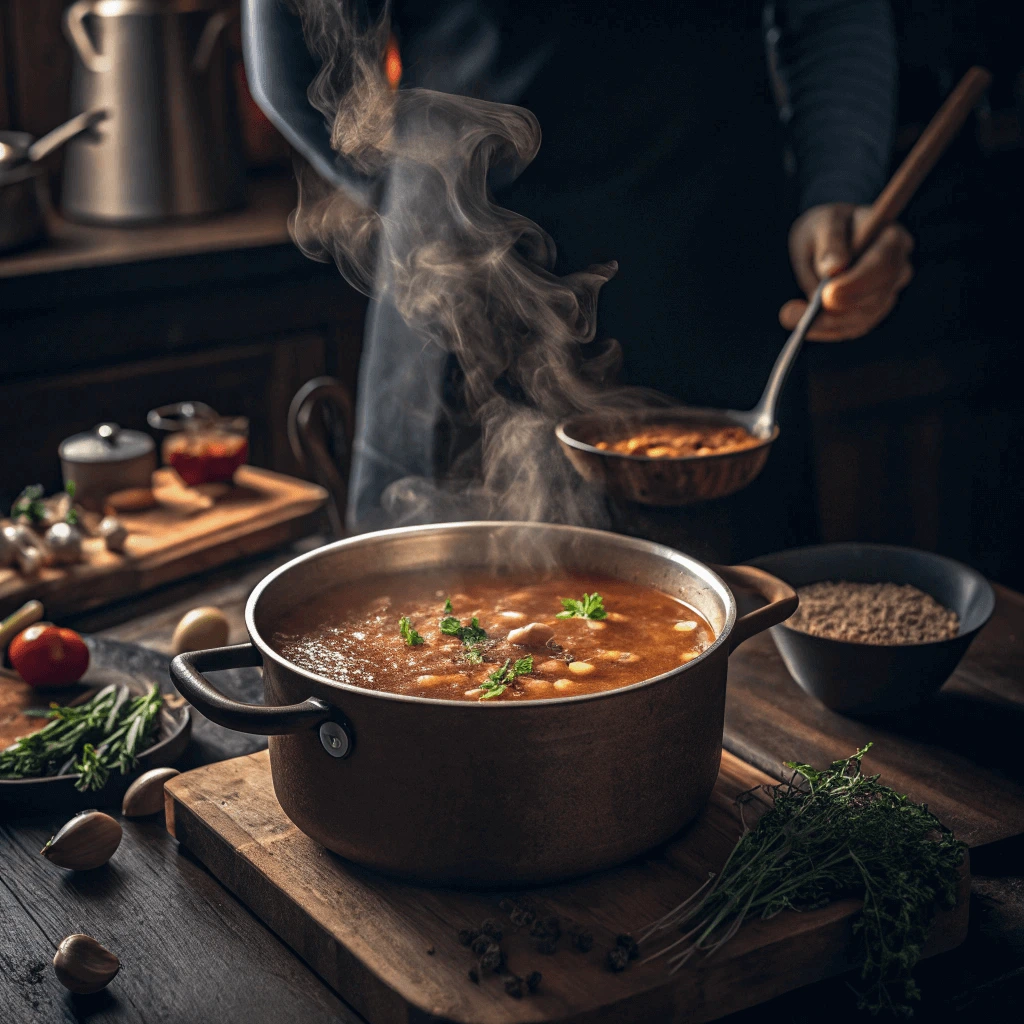 A chef at Soup Village stirring a pot of simmering soup.