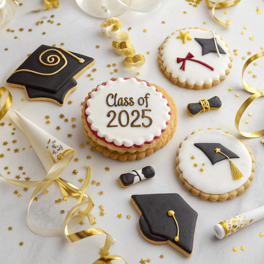 Custom graduation cookies decorated with royal icing in cap and diploma designs.