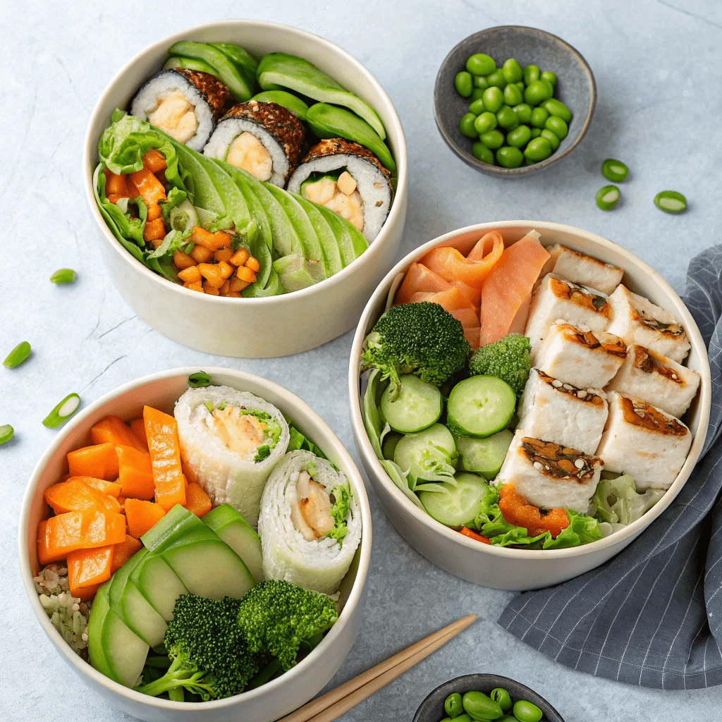 A spread of mouthwatering rolls and bowls showcasing a variety of proteins and veggies.