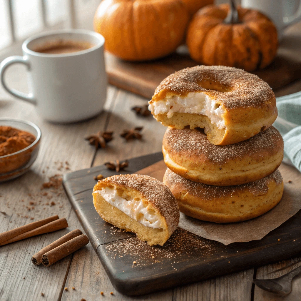  Close-up of healthy pumpkin bagels with a sprinkle of cinnamon sugar.