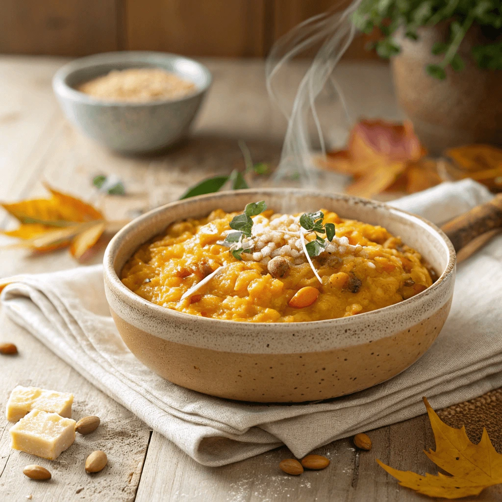 A spoonful of pumpkin risotto with beans being lifted from a bowl