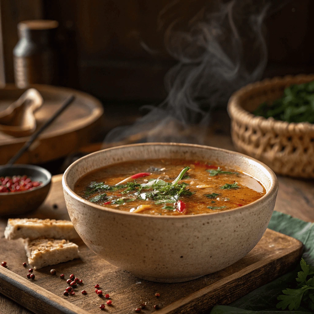 Traditional soup being served at Soup Village with fresh ingredients.