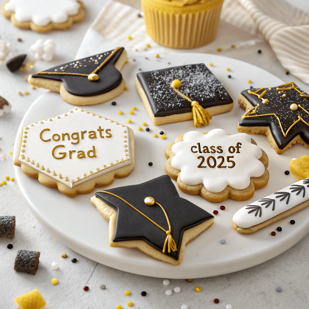 A variety of decorated graduation cookies with school colors and designs.