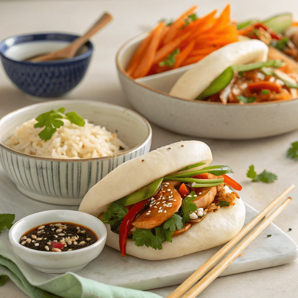 Chicken-stuffed bao buns paired with a vibrant rice bowl of fresh vegetables