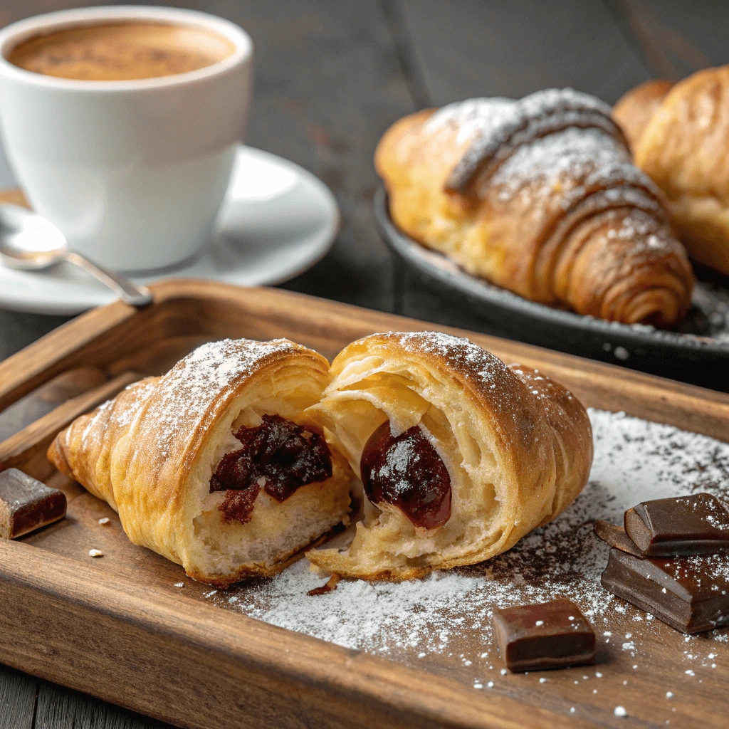 Mini croissants filled with chocolate and raspberry jam.