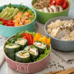 A variety of fresh rolls and colorful bowls featuring grains, vegetables, and proteins.