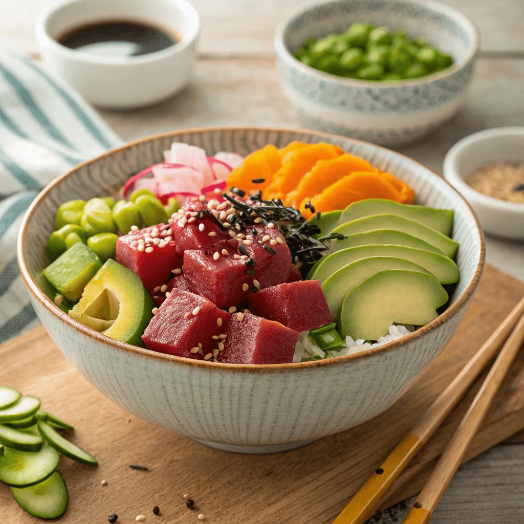 A tuna poke bowl made with fresh sushi-grade tuna and vibrant toppings.