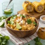 Elote pasta salad with corn, creamy dressing, and fresh cilantro