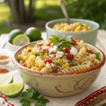 Easy Elote Pasta Salad with corn, cheese, and spices