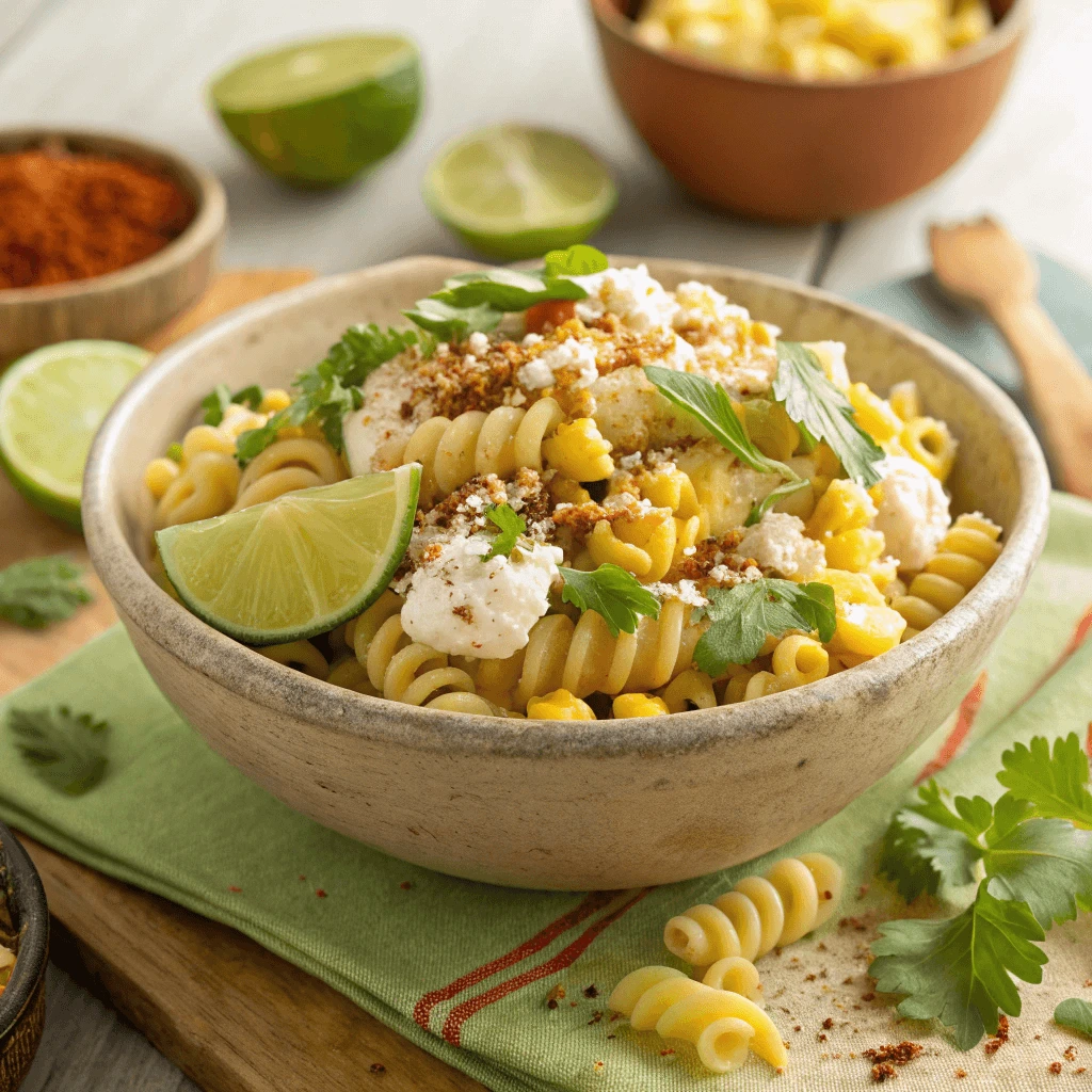 Close-up of creamy Elote Pasta Salad with cilantro and lime