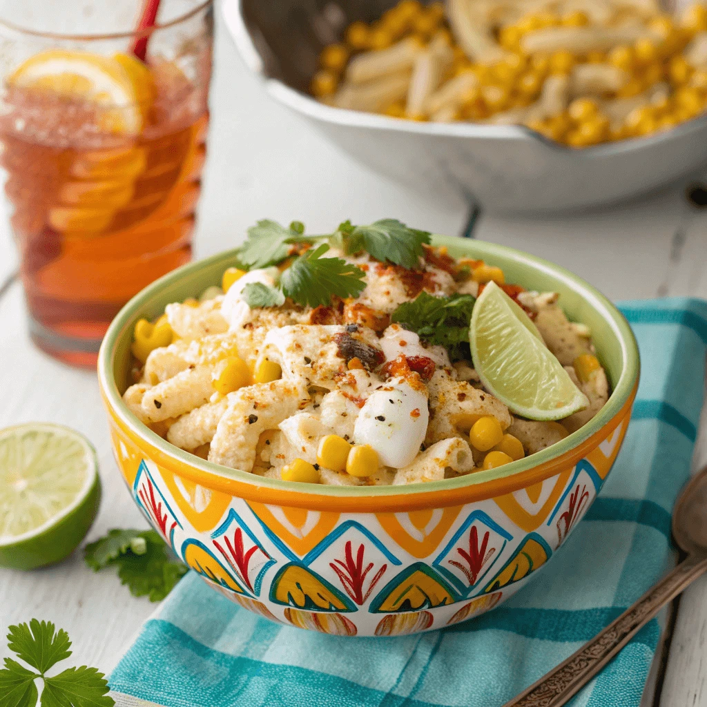 Close-up of Elote Pasta Salad with corn, cheese, and lime.