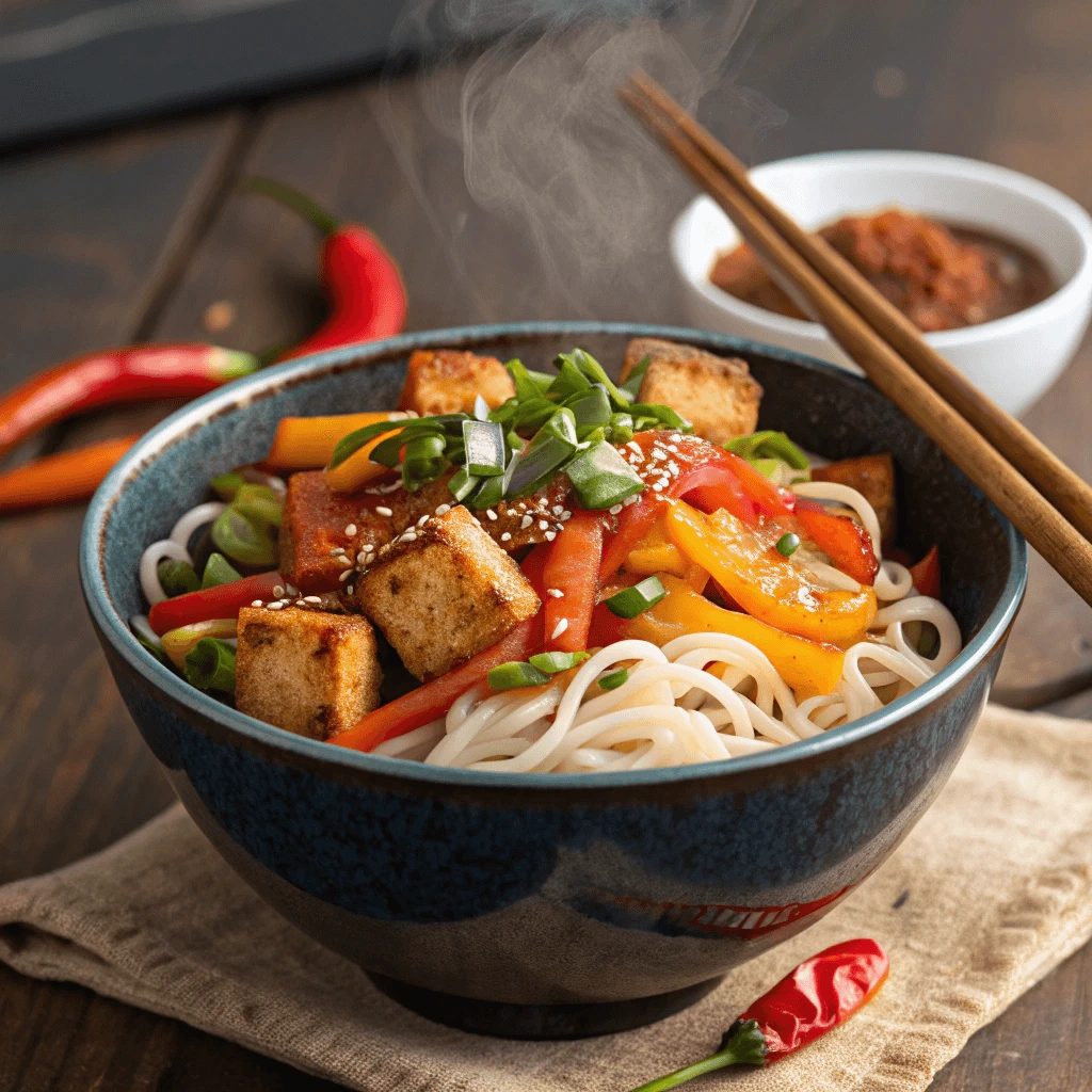 Spicy tofu noodle bowl with chili sauce and fresh cilantro.