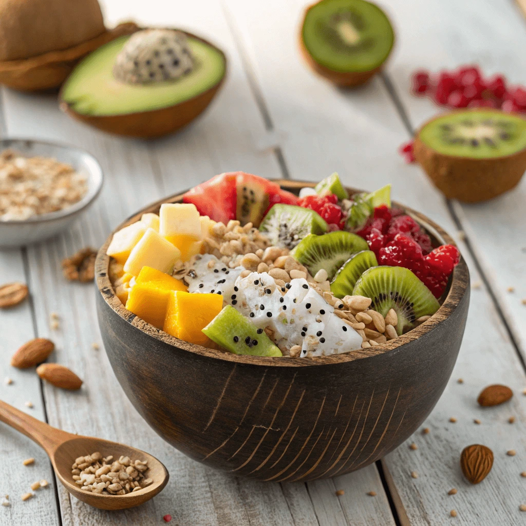 Healthy coconut bowl with banana, coconut flakes, and chia seeds