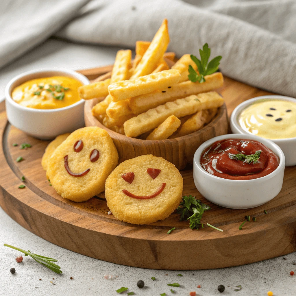 Smiley face fries served with a variety of dipping sauces