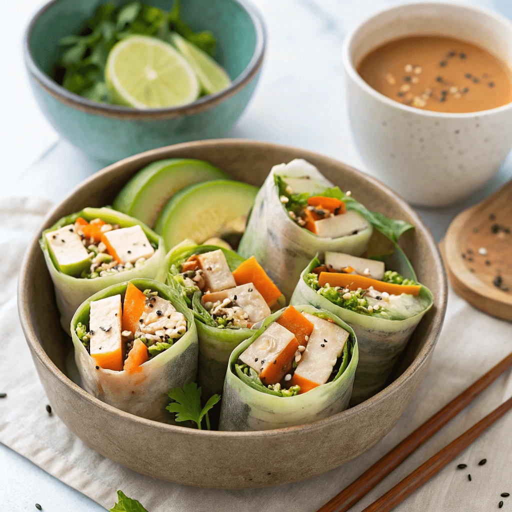 Vegan tofu rolls with avocado and veggies, served on a plate.