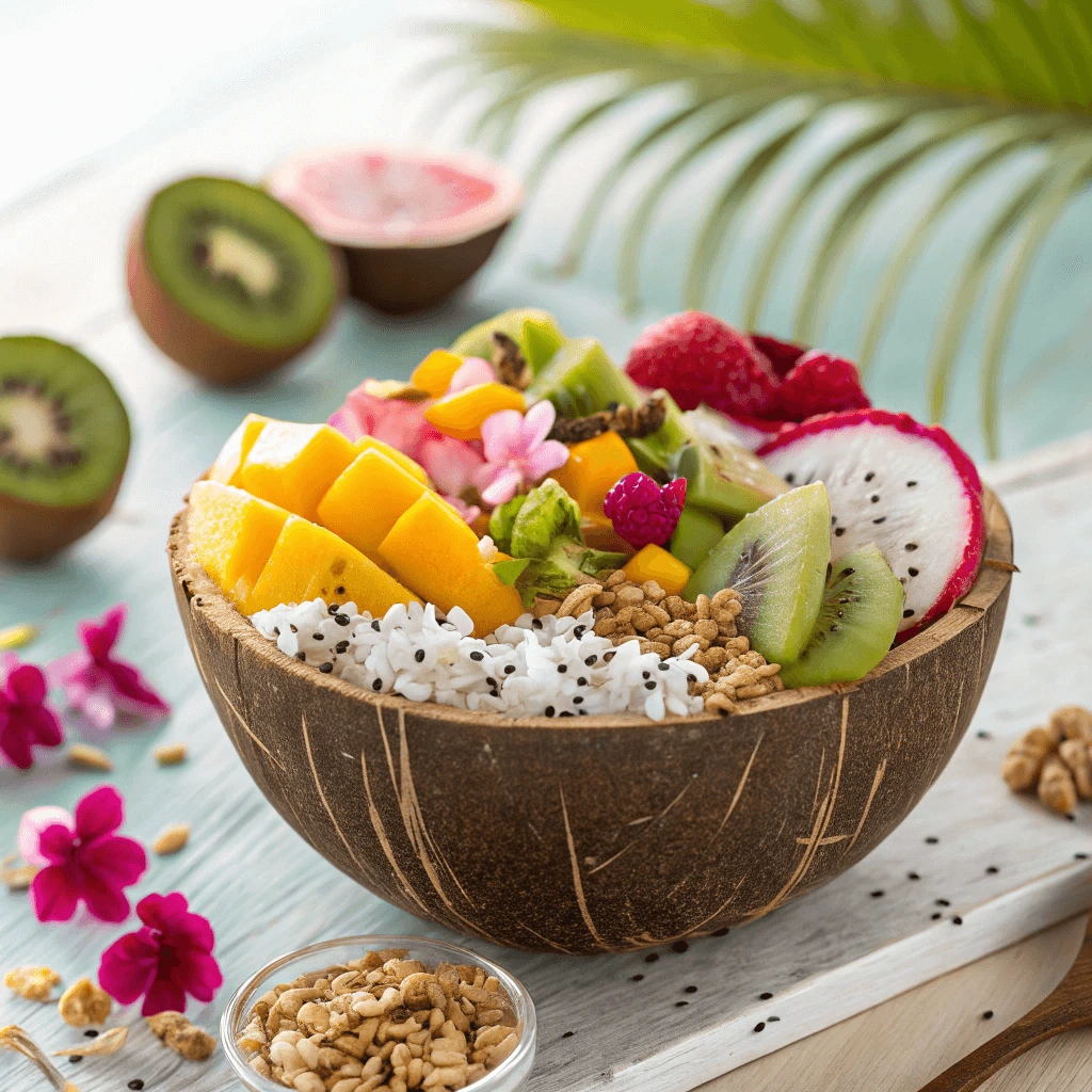 Colorful coconut bowl filled with fresh fruits, granola, and superfood toppings