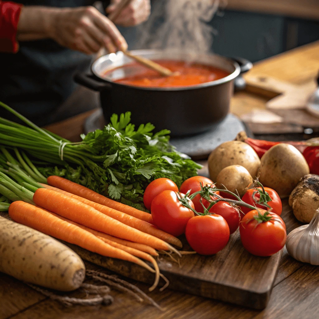  Fresh ingredients prepared for a flavorful Soup Village dish.