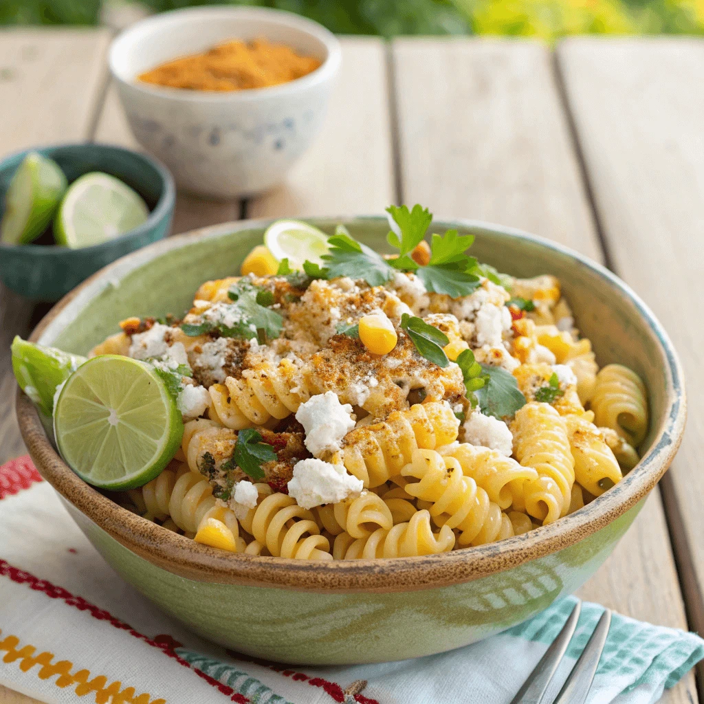 Elote Pasta Salad with a Tangy Dressing and Toppings