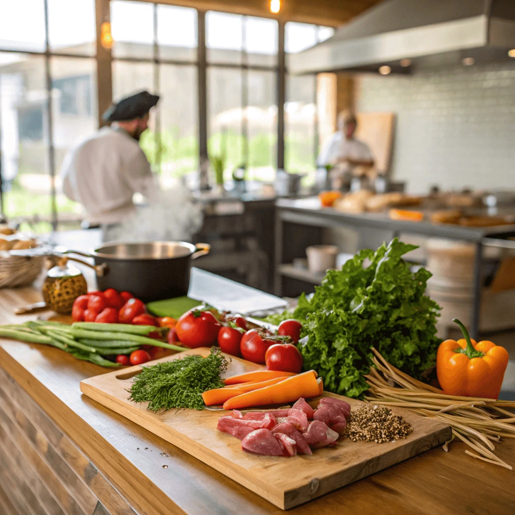 Chef preparing fresh ingredients for soup at Soup Village.