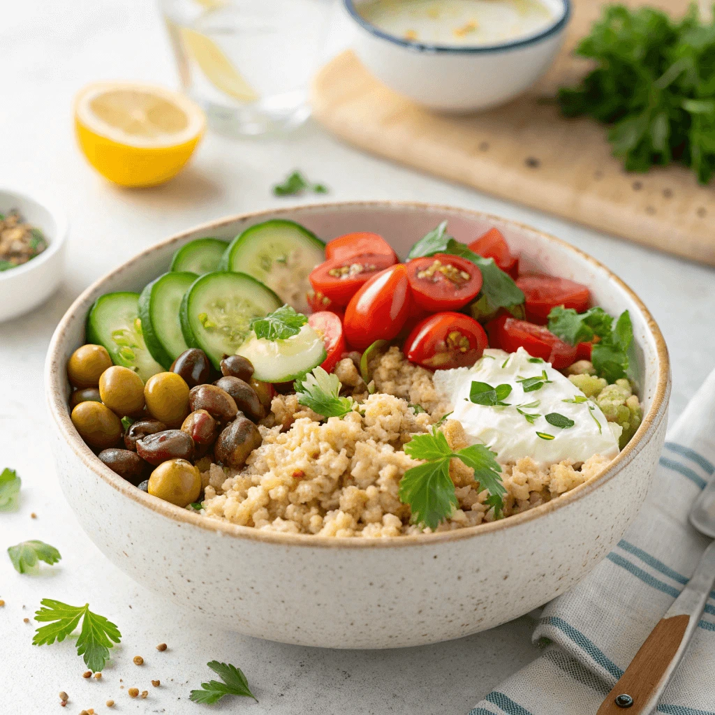 A bowl of Mediterranean grain salad topped with fresh veggies and dressing.