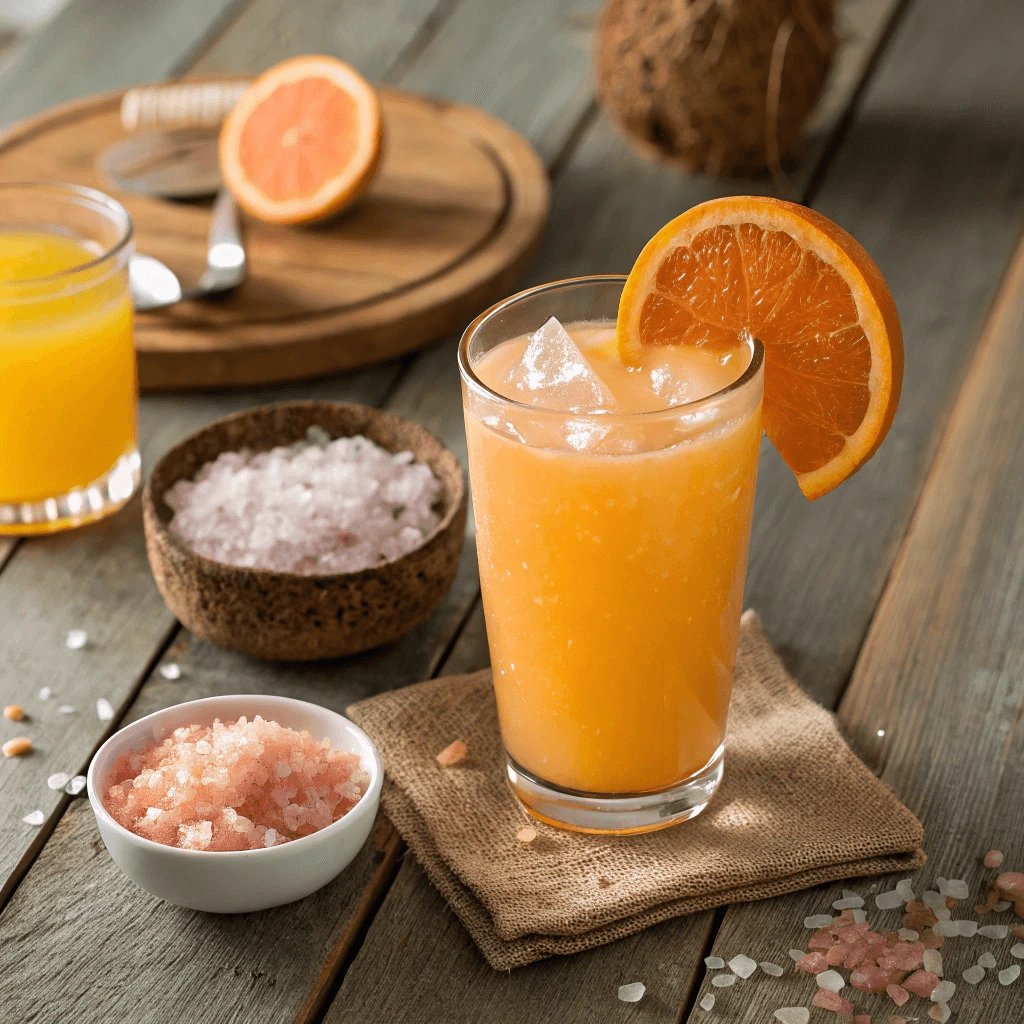 A person pouring an adrenal cocktail into a glass, highlighting its vibrant color and fresh ingredients.