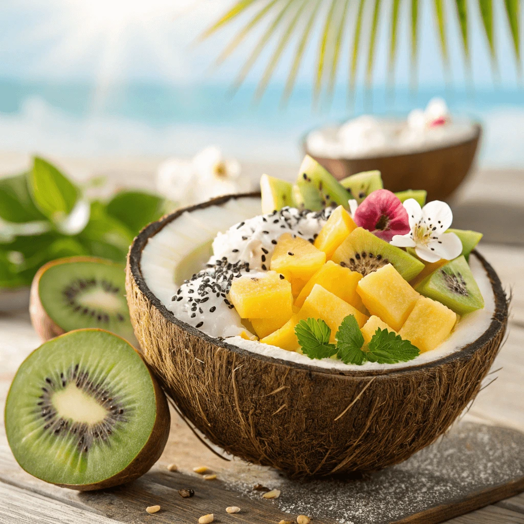 Vibrant tropical coconut bowls filled with fresh fruits like mango, pineapple, and kiwi.