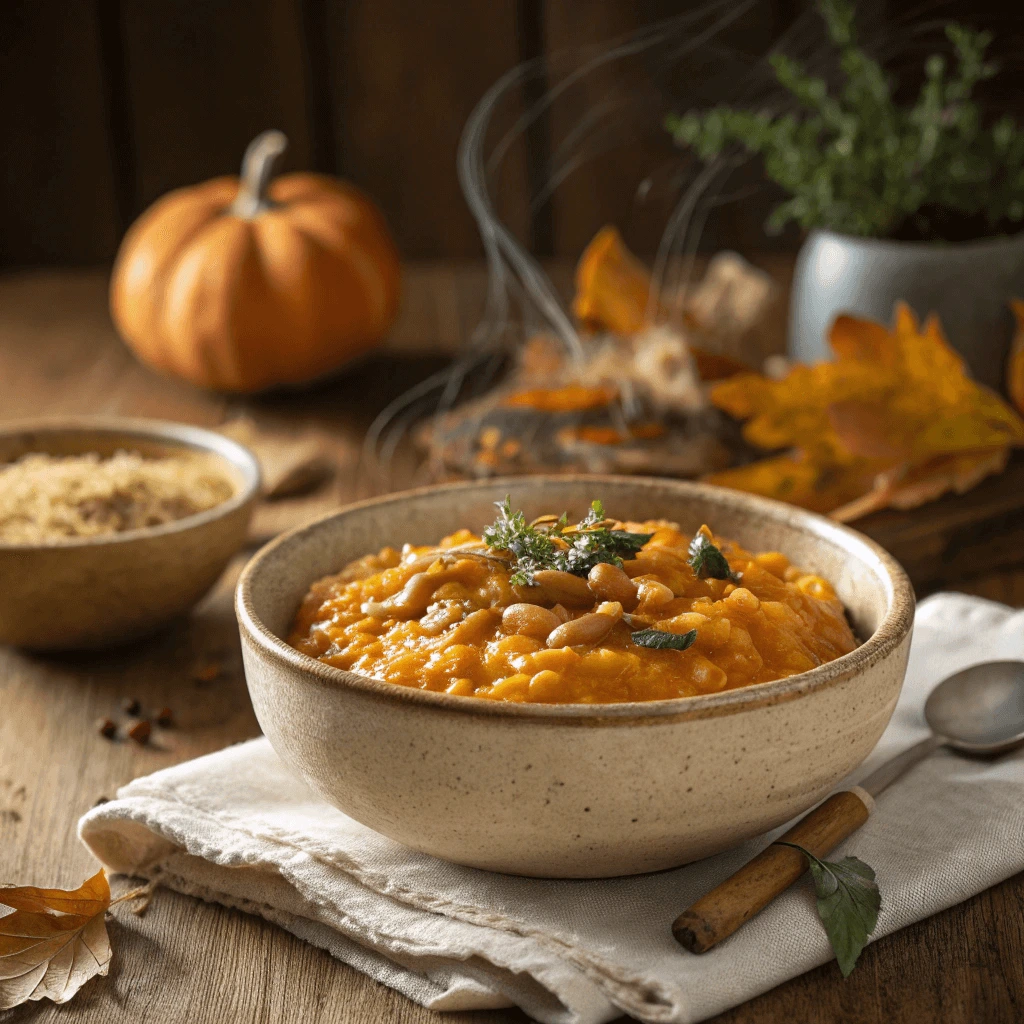 Pumpkin risotto with beans served on a rustic wooden table