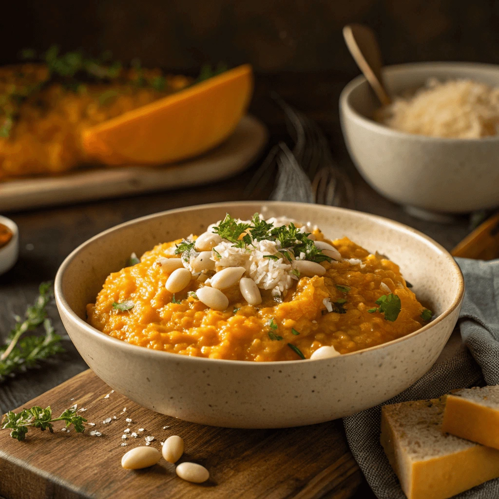 A bowl of creamy pumpkin risotto with beans topped with fresh herbs.