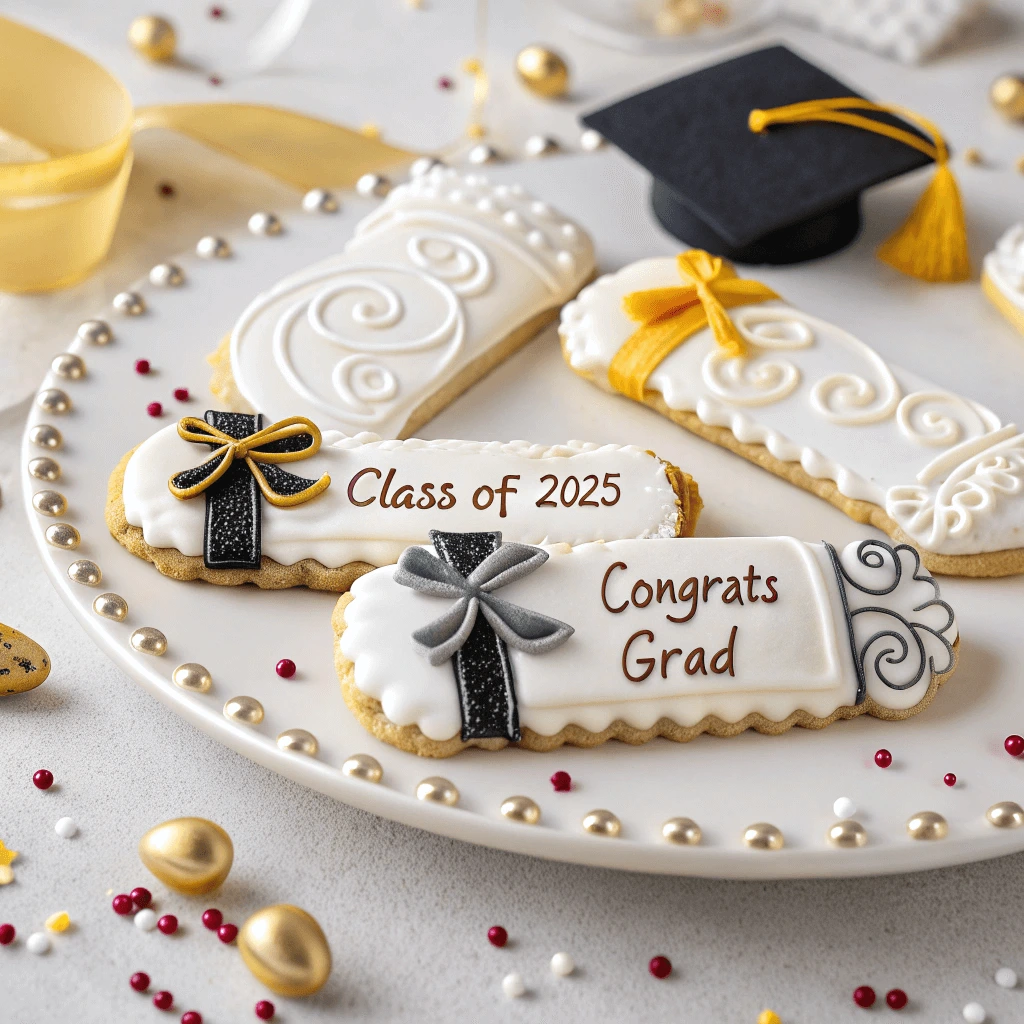 A close-up of a graduation diploma cookie with detailed icing decoration.