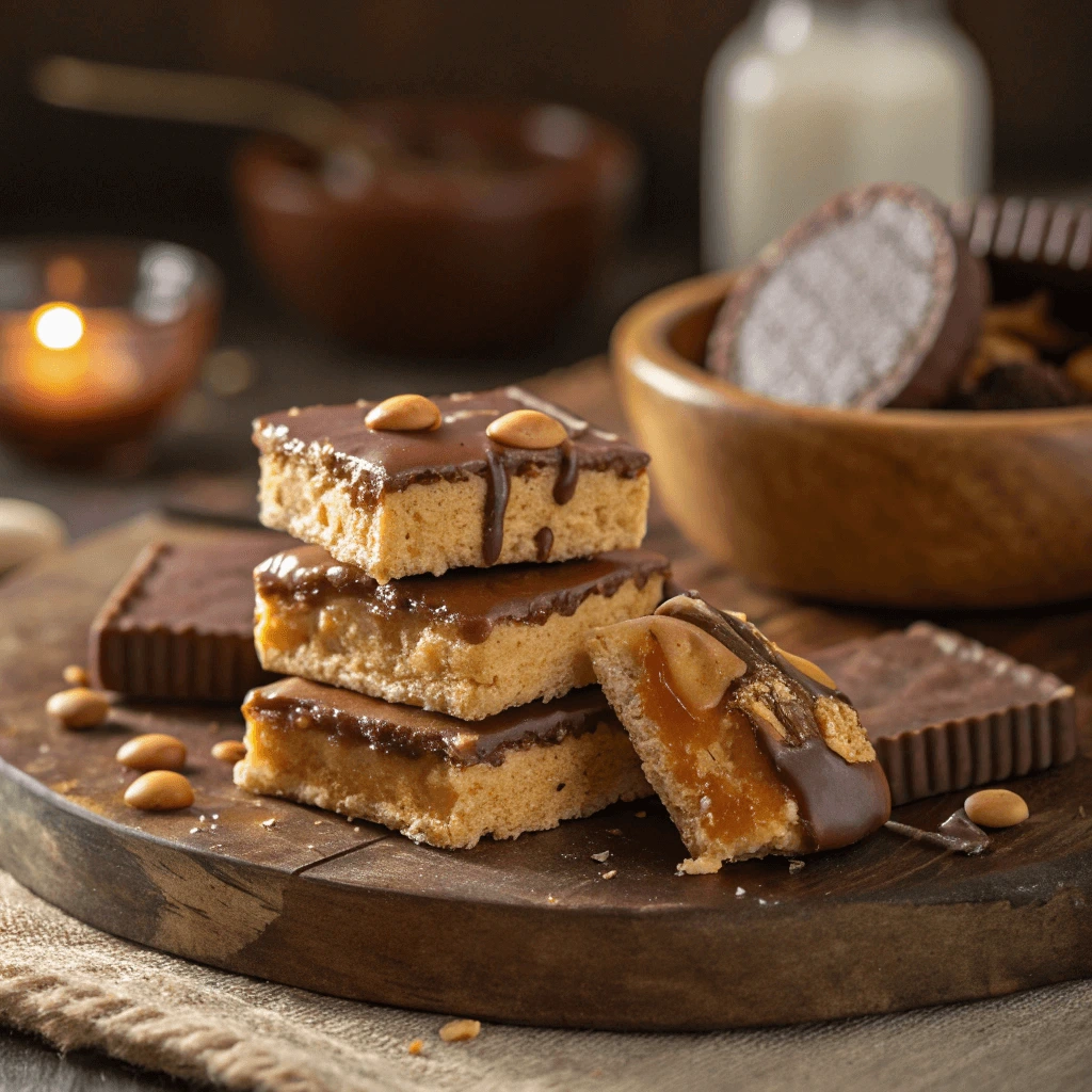 Close-up of Cheez-It Peanut Butter and Chocolate Bites on a rustic wooden surface