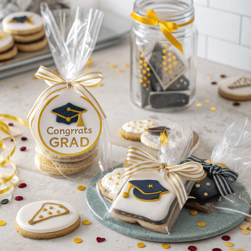 DIY graduation cookies wrapped in gift bags ready for sharing.