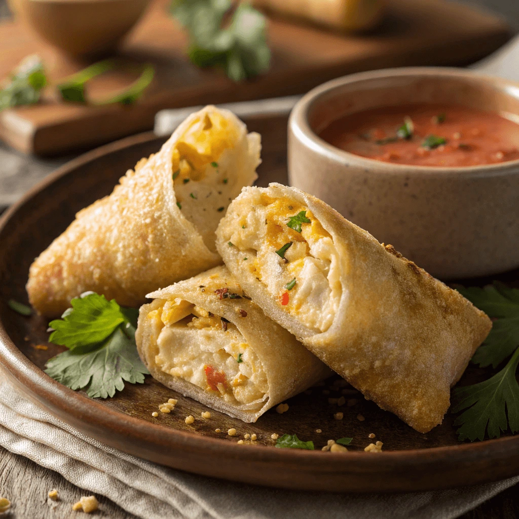 A hand holding a crispy egg roll wrapper jalapeno bite