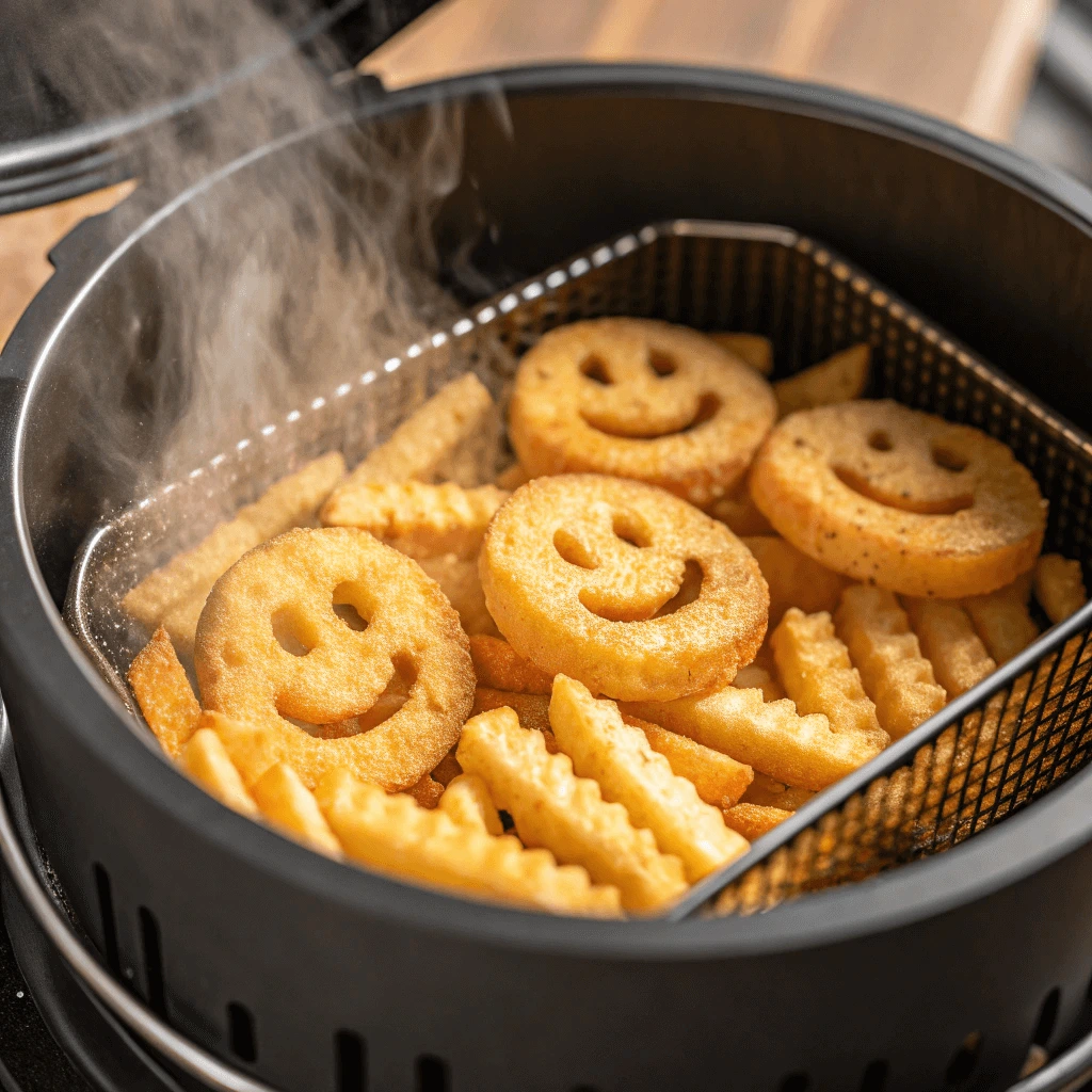 Close-up of smiley face fries cooking in an air fryer basket