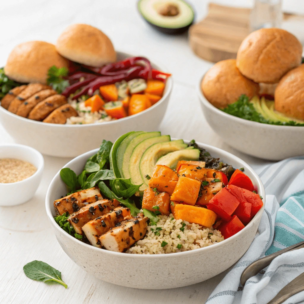 Delicious bowls filled with grains, vegetables, and proteins, along with rolls on the side.