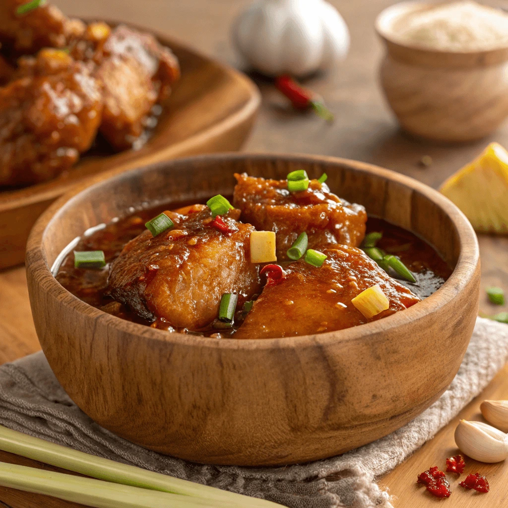 Close-up of  Yummy Buli Huli Chicken marinating.