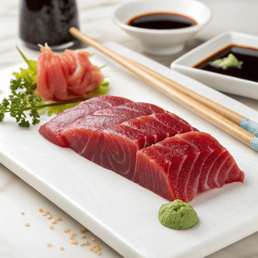  Fresh sushi-grade tuna fillets for sashimi preparation