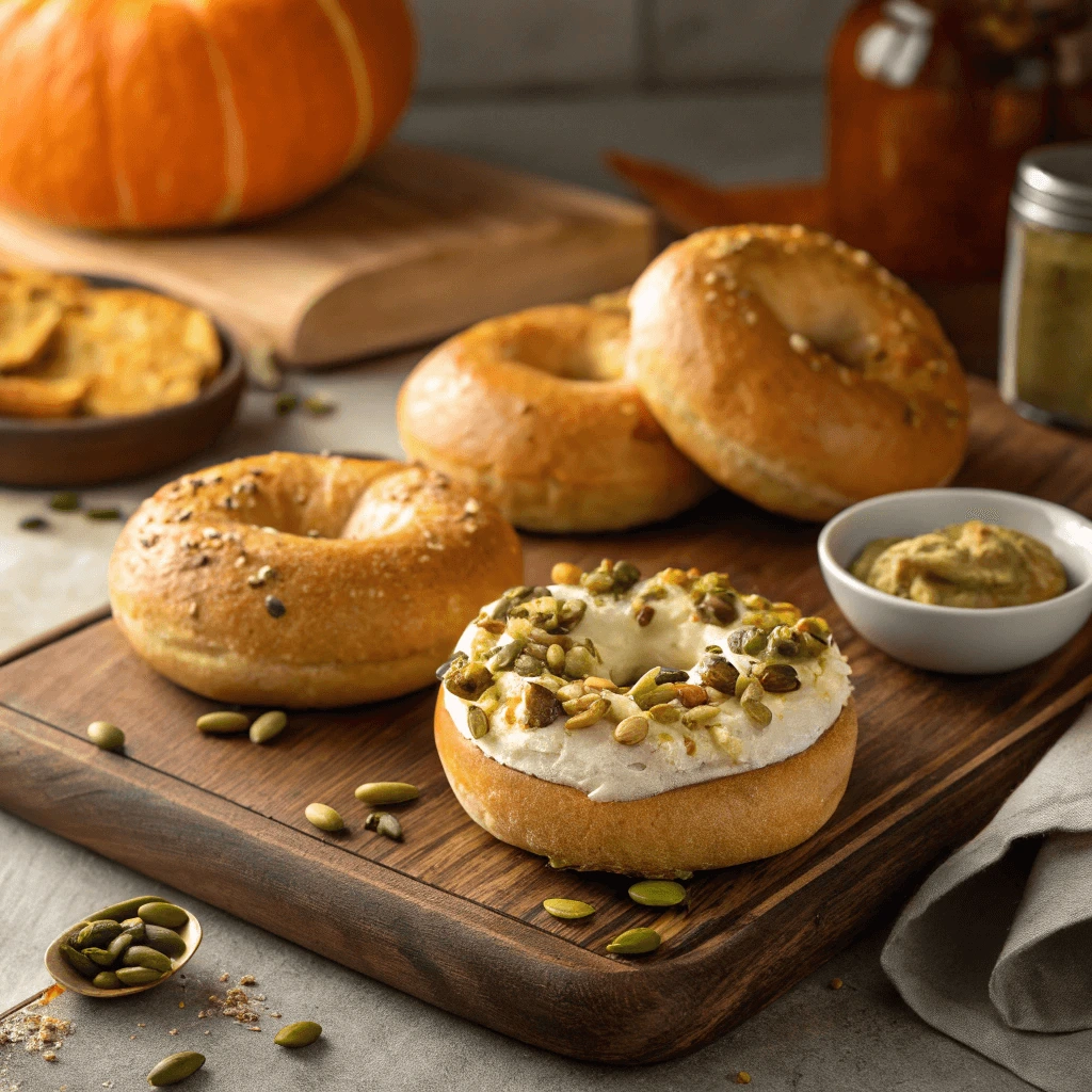 Pumpkin bagels with cream cheese topping