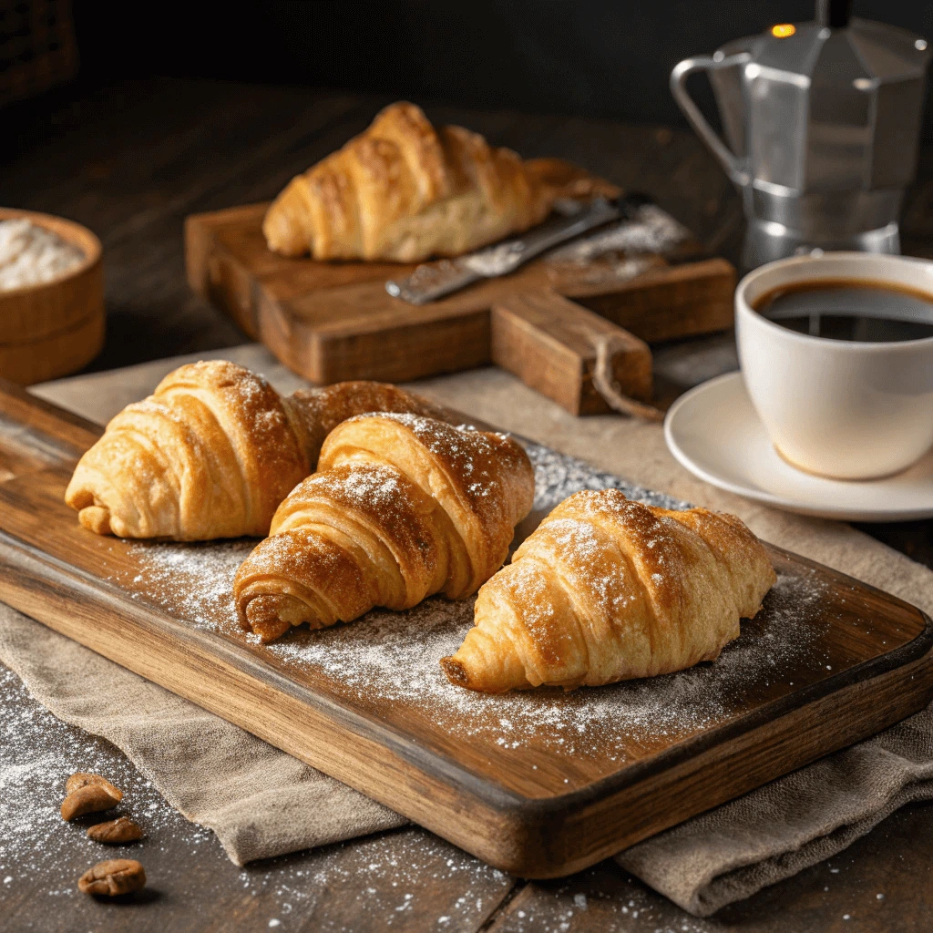 Freshly baked mini croissants on a baking sheet